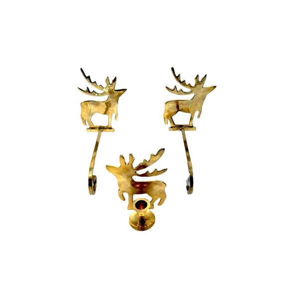Vintage Brass Deer Christmas Stocking & Candle Holders Set Of 3 - Picture 2 of 10